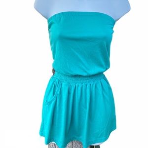 Poetry Teal Green Pocket Elastic Strapless Dress